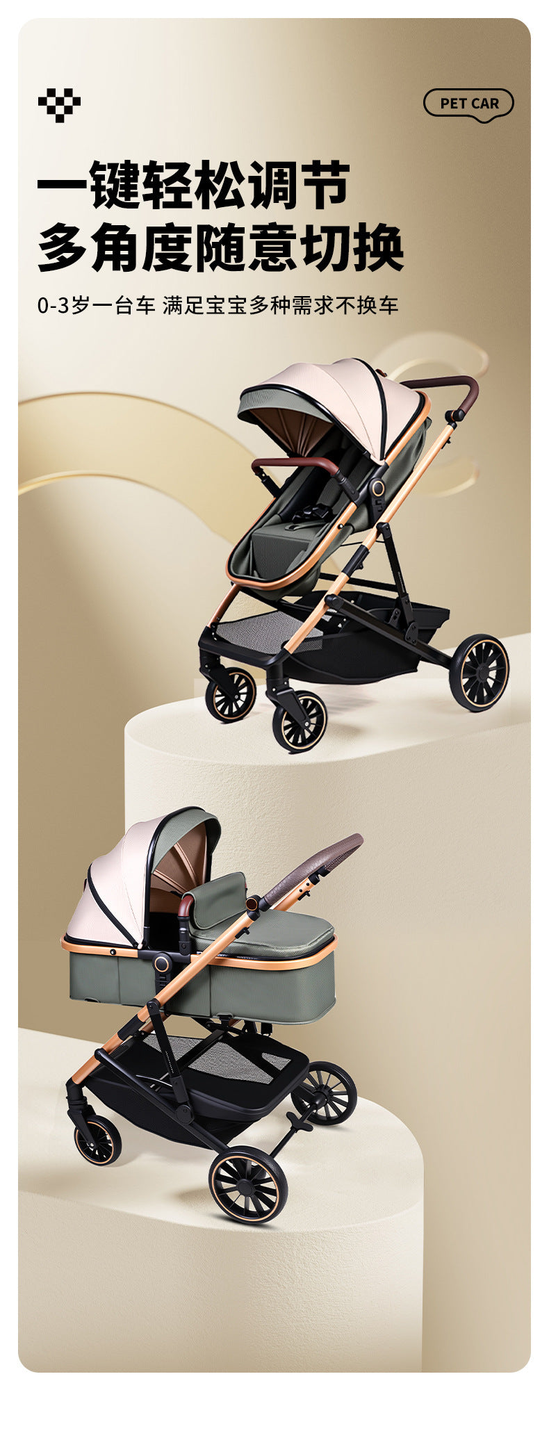 Baby Stroller with High View, Can Sit and Lie Down Baby Carriage Foldable Two-Way All-Season Shock-Absorbing Baby Stroller Lightweight Pushchair