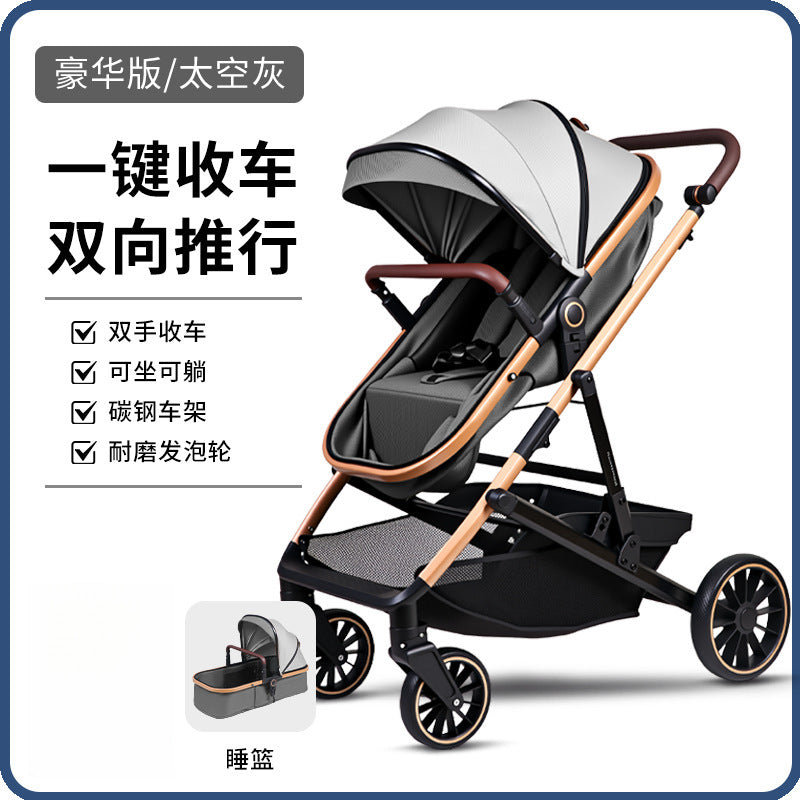 Baby Stroller with High View, Can Sit and Lie Down Baby Carriage Foldable Two-Way All-Season Shock-Absorbing Baby Stroller Lightweight Pushchair