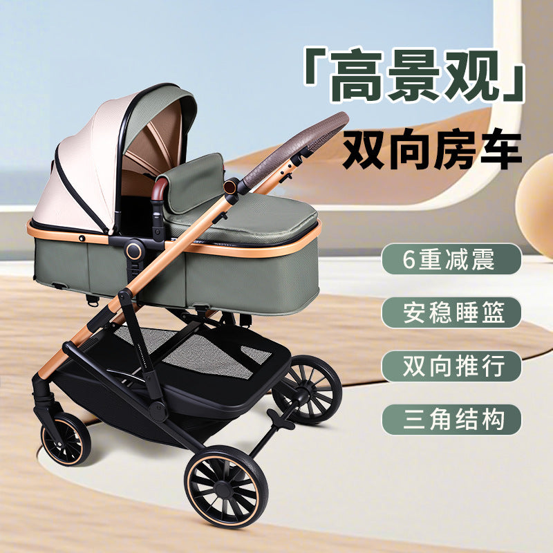 Baby Stroller with High View, Can Sit and Lie Down Baby Carriage Foldable Two-Way All-Season Shock-Absorbing Baby Stroller Lightweight Pushchair