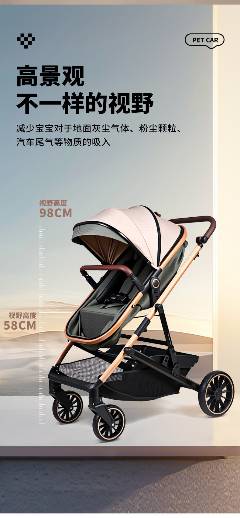 Baby Stroller with High View, Can Sit and Lie Down Baby Carriage Foldable Two-Way All-Season Shock-Absorbing Baby Stroller Lightweight Pushchair