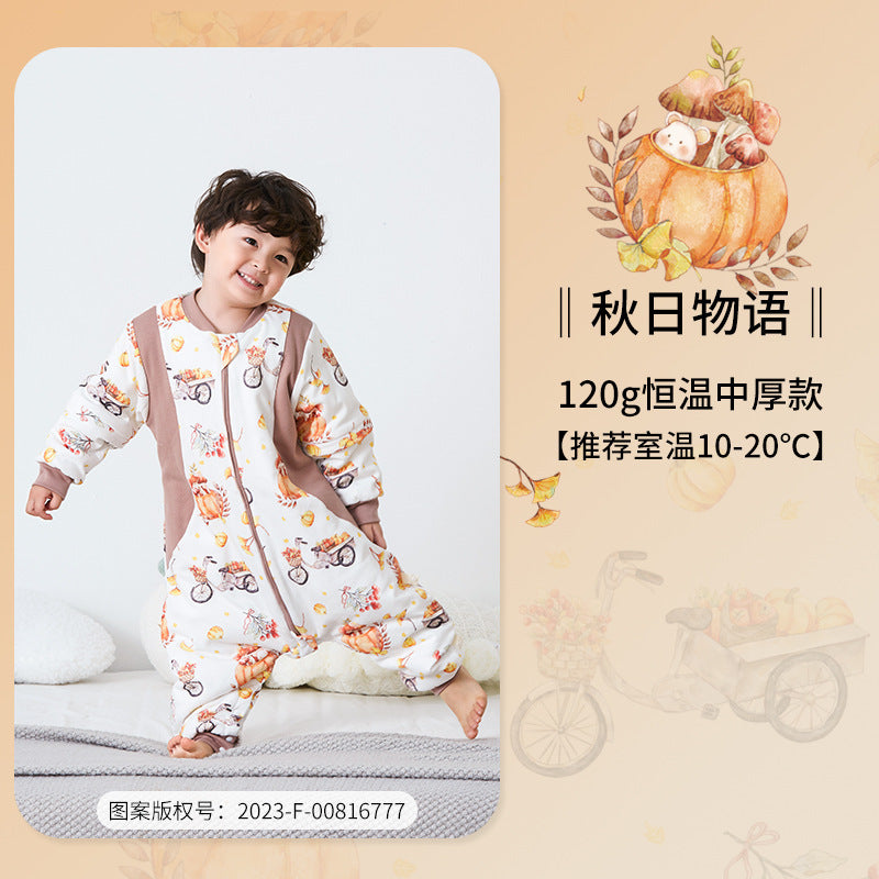 Quilted Children's Split-Leg Sleeping Bag Autumn Winter Pure Cotton Thickened One-Piece Infant Constant Temperature Baby Antibacterial Sleepwear A Class