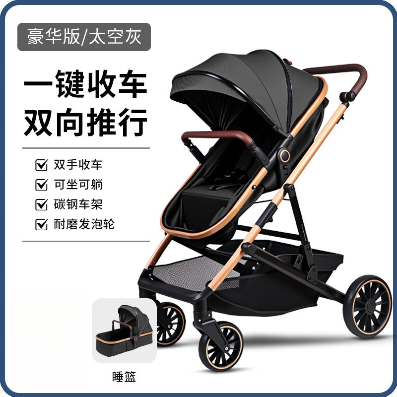 Baby Stroller with High View, Can Sit and Lie Down Baby Carriage Foldable Two-Way All-Season Shock-Absorbing Baby Stroller Lightweight Pushchair