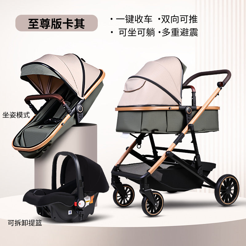 Baby Stroller with High View, Can Sit and Lie Down Baby Carriage Foldable Two-Way All-Season Shock-Absorbing Baby Stroller Lightweight Pushchair